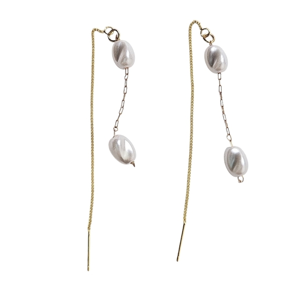 18K Gold Plated Faux Pearl Threader Earrings Dainty - Picture 3 of 4
